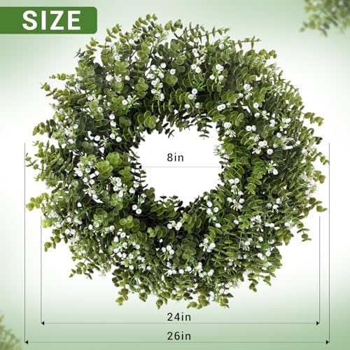 26" Large Eucalyptus Wreaths for Front Door,Spring Summer Fall Autumn Winter Wreaths,Boxwood Outdoor Wreath with Babys Breath for Porch, Wall,Home Decor- Spring Summer Fall Winter All Seasons - Image 3