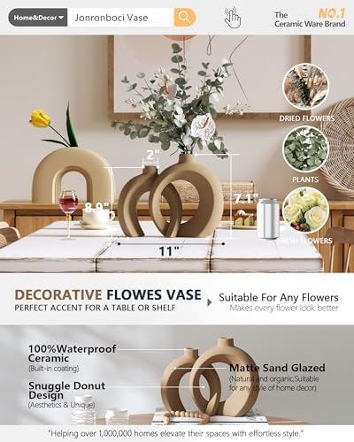 Set of 2 Brown Ceramic Vases for Home Decor Accents - Unique Hollow Donut Artistic Design Rustic Farmhouse Style Decorative Vases for Shelf, Mantel, Entryway Table Decor (Matte Brown) - Image 2