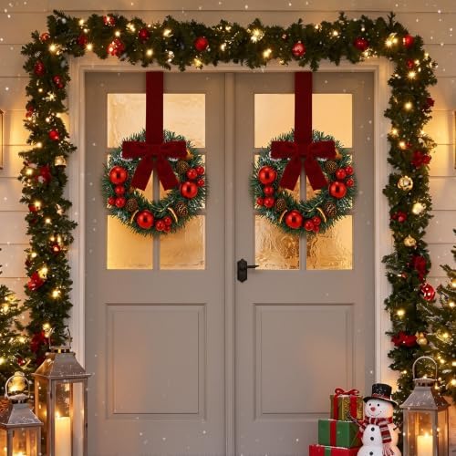 Dingion 6 Pcs 6 Inch Mini Christmas Cabinet Wreath with Burgundy Bow - Image 5