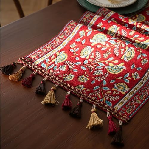 Spring Floral Table Runner 118in Long - Nordic Vine Red Embroidery Jacquard with Tassels, Elegant Easter & Mother's Day Decor for Farmhouse Dining Table, Wedding & Dresser (Vine Red, 13.7"x118") - Image 3