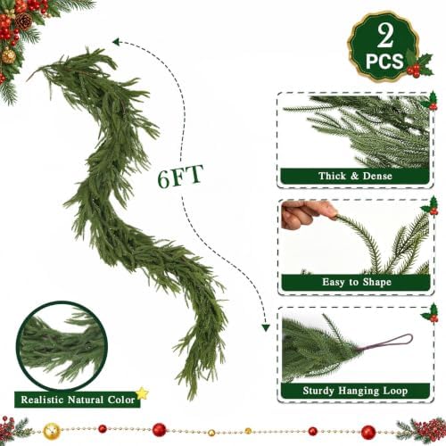 2 Pcs 6ft Christmas Artificial Norfolk Pine Garland, Real Touch Winter Greenery Garland for Fireplace, Mantle, Table, Stairs, Indoor Outdoor Christmas Decorations (2Pcs, 6ft) - Image 3