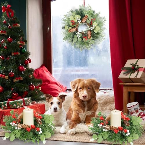 8 PCS Christmas Mini Cabinet Wreath for Kitchen with Ribbon Artificial Eucalyptus Cedar Hanging Garland with Red Whilt Berries Pine Cones for Swag Table Centerpiece Door Window Chair Wall Winter Decor - Image 7