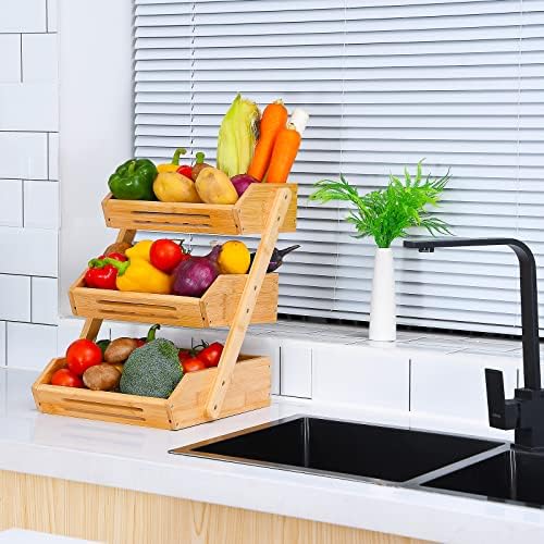 VIKEYHOME 3-Tier Bamboo Fruit Basket for Kitchen - 16" Tall Produce Stand - Image 2