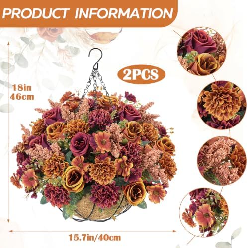 GTIDEA Fall Hanging Baskets 16 Pcs Artficial Fall Flowers for Outdoors - Image 2