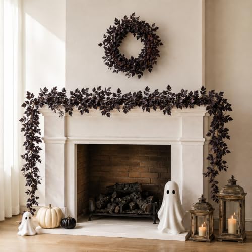 Hollyone 2 Pack Fall Garland 6FT Artificial Plum Cimicifuga Seeded Leaf Garlands Faux Purple Leaves Fall Foliage Autumn Garland for Mantle Fireplace Thanksgiving Halloween Home Indoor Outdoor Decor - Image 3