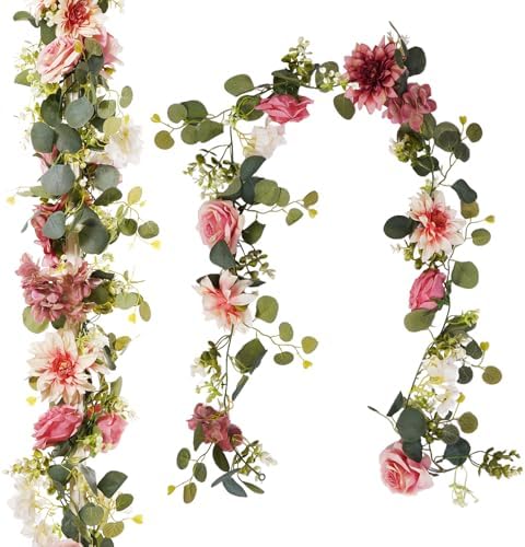 2Pcs Flower Garland Decorations, 12.27Ft Pink Flowers Rose Garland, Artificial Eucalyptus Greenery Vines with Floral for Wedding Wall Arch Table Centerpieces Backdrop Room Decor (Pink) by Beksodi