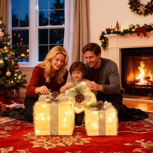 Set of 3 Valentines Day Lighted Gift Boxes,Outdoor Indoor Holiday Decorations,Plug-in 65 LED Light Up Present Boxes for Indoor Outdoor Home Yard Lawn Holiday Wedding Birthday Party Decor - Image 5