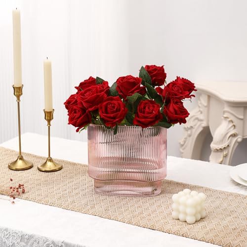 Ribbed Glass Vase, Pink Glass Vase, Fluted Short Vases for Flowers, Modern Vases for Living Room, Dining Room, Bathroom, Desk, Shelf, Wedding, Office, 7 Inches - Image 5