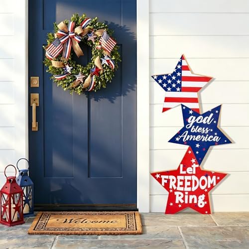 4th of July Large Wooden Star Porch Sign, Independence Day Standing Decoration God Bless America Star Shape Sign for Patriotic 250 Anniversary Red White Blue Outdoor Indoor Yard Front Door by WelcometoLawnIdyll