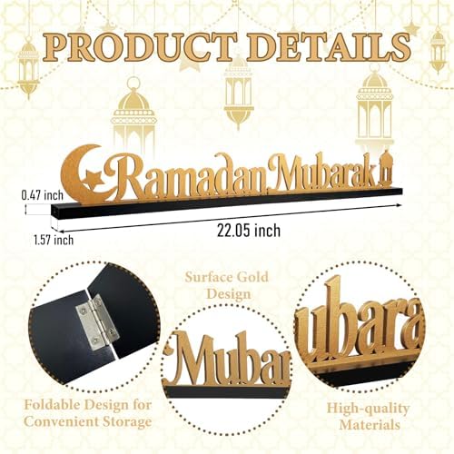 22 Inch Ramadan Mubarak Table Decor Wooden Ramadan Mubarak Sign Islamic Tabletop Centerpiece Eid Mubarak Decoration for Home Indoor Ramadan Party Desktop Display - Image 3