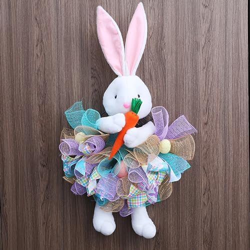 Easter Wreaths for Front Door with Lights,Easter Door Wreath,Easter Mesh Wreath,Bunny Spring Colorful Easter Decorations Holiday Ornament for Home Indoor Outdoor Supplies (Blue Bunny) - Image 4