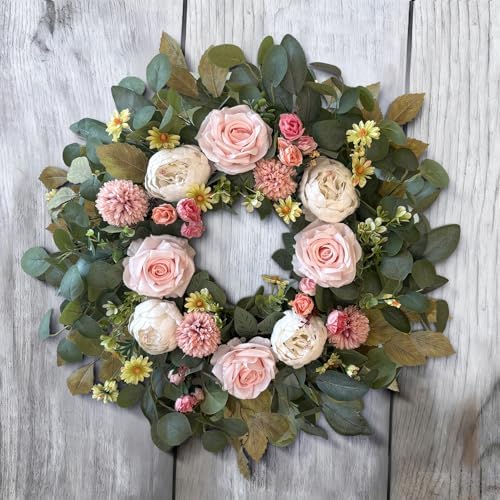WANNA-CUL 24 Inch Spring Peony Wreath Pink Rose Front Door Wreath - Image 5