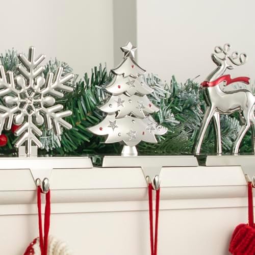GUOER 4 Pack Snowflake Christmas Stocking Holder Set for Mantle Christmas Decorations Holiday Mantle Fireplace Topper - Snowflake Snowman Reindeer and Christmas Tree Hangers Decorative Metal Hanger - Image 7