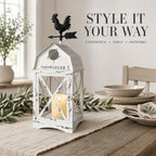 Farmhouse Decorative Lantern with Rooster Top, White Metal Candle Holder - Image 5