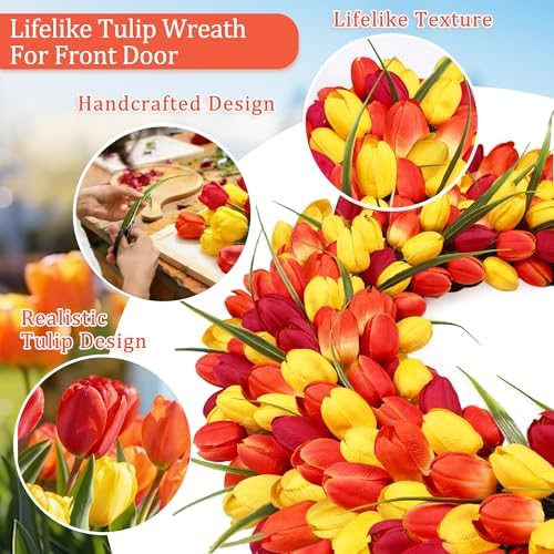 Realistic Tulip Wreaths for Front Door Floral Door Wreath for Spring Summer Fall Decor for Outdoor Indoor Window Wall Front Porch Farmhouse Home Easter Thanksgiving 22" Red Orange Yellow - Image 2