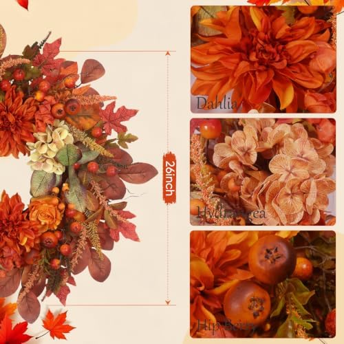 Autumn Harvest Wreath for Front Door 26 Inch, Fall Decor with Orange Dahlias Maple Leaves Berries Hydrangeas, Thanksgiving Halloween Wreaths for Front Door Grapevine Twig - Image 3