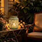 Rustic Metal Hanging Lantern, 8.66" H Vintage Distressed Green Firework Cutout Decorative Lantern for Indoor Outdoor Use, Tabletop Patio Wedding Centerpiece, Fits Pillar & LED Candles by Unknown