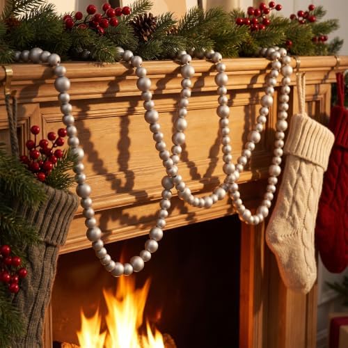 48Ft Christmas Wood Bead Garland Rustic Holiday Decor for Tree (Silver) - Image 6