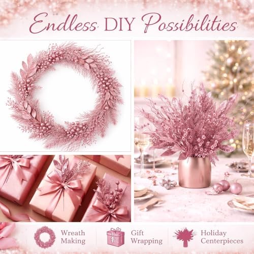 Pink 66 Pcs Christmas Glitter Picks and Sprays, Xmas Artificial Floral Stems Branches Berry Leaf Pine for Tree Topper Wreath Garland Centerpiece Holiday Party Home Decor - Image 5