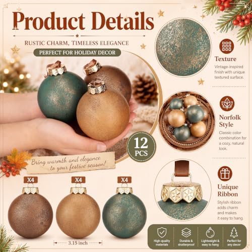 Yunlly 12 Pcs Neutral Christmas Ornament, Brown Copper Sage Green, 3.15'' - Image 3