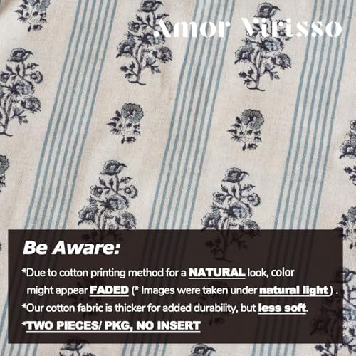 Amor Virisso Floral Throw Pillow Covers 22x22 Set of 2 Block Print Pillow Covers Neutral Floral Striped Farmhouse Decorative Pillow Covers for Sofa Couch Bed, Light Blue - Image 4