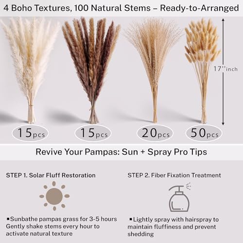 Pampas Grass with Vase Set – 3 Beige White Ceramic Vases with Natural Dried Pampas, Bunny Tails & More – Neutral Farmhouse Decor for Fireplace, Home, Mantel, Entryway, Kitchen & Boho Table Centerpiece - Image 5