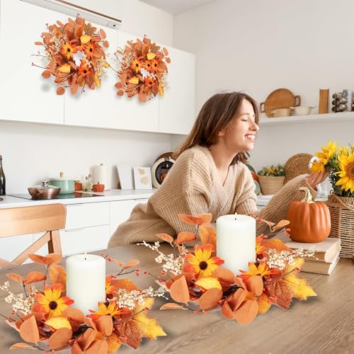 8 Pcs 3 Inch Fall Floral Candle Rings Wreath Autumn Harvest Sunflowers Leaves Table Centerpiece Mini Thanksgiving Wreath for Cabinets Farmhouse Front Door Decoration - Image 5