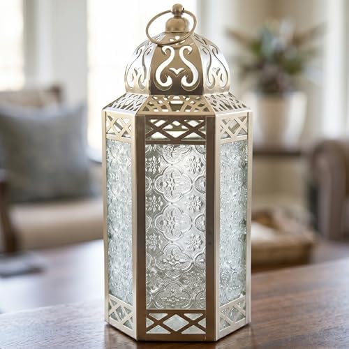 Vela Lanterns Decorative Indoor Candle Holder Table Centerpieces - Moroccan Hanging Outdoor Patio & Porch Home Decor, Turkish Lamp for Wedding, Ramadan (Large 12", White Gold) - Image 2