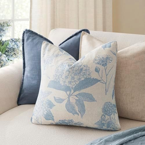 Foindtower Set of 2 Linen Floral Vintage Throw Pillow Covers Neutral Accent Decorative Cozy Cushion Covers Farmhouse Boho Home Decor for Sofa Chair Couch Bedroom Living Room,24×24 Inch,Sky Blue - Image 4