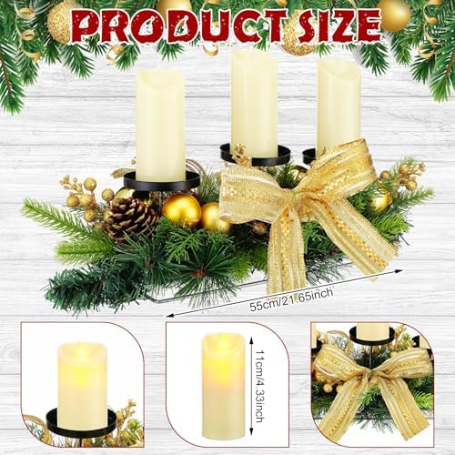 meekoo Christmas Centerpiece with 3 Candle Holders 3 LED Candles 1 String Lights Xmas Triple Candelabrum Bow Berry Pine Cones with 3 Candle Holders for Tables Home Decorations - Image 3