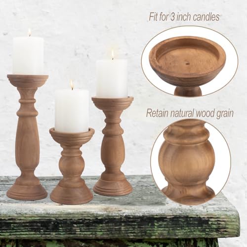 BANOMII Rustic Wooden Pillar Candle Holders Set of 3, 12'' 9'' 6'' Farmhouse Wood Candle Stand for Table Centerpieces, Vintage Tall Candleholders Fireplace Mantel Decor for Living Room, Brown - Image 5