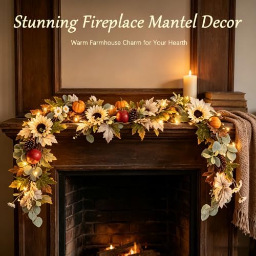 6FT Fall Garland with Lights, Sunflower Pumpkin Daisy Grapevine Lamb Ear Leaves, Thanksgiving Autumn Harvest Home Decor for Mantle Porch Table Centerpiece - Image 6