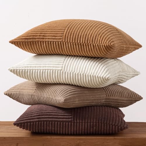 MIULEE Brown Throw Pillow Covers 20x20 Inch Set of 4 Boho Farmhouse Cushion Cases Neutral Gradient Corduroy Pillow Cases with Invisible Zipper Patchwork Home Decor for Couch Sofa Bed - Image 5