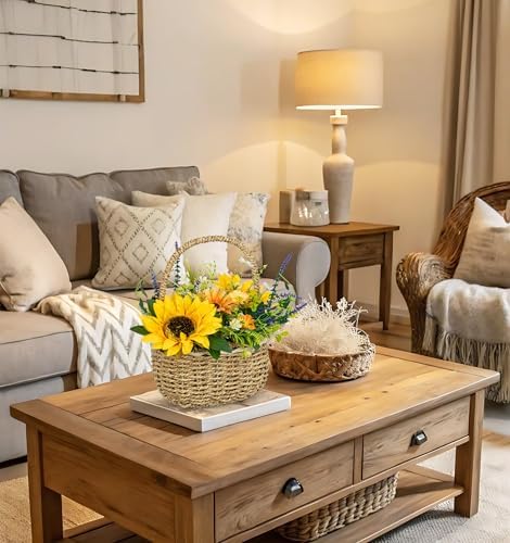 Sunflowers Artificial Flowers, Spring/Summer Flower Centerpieces for Tables Silk Flower Arrangements with Woven Basket Fake Sunflowers with Daisy & Lavender Dinner Table Centerpiece for Indoor Outdoor - Image 4