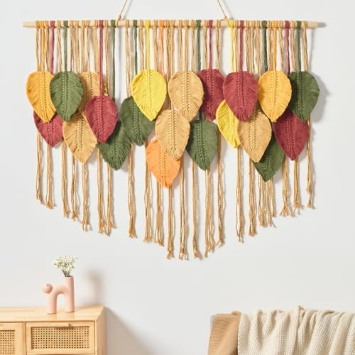 Fall Leaf Macrame Wall Hanging, Boho Brown Leaves, 39.4" W x 31.5" L by Unknown