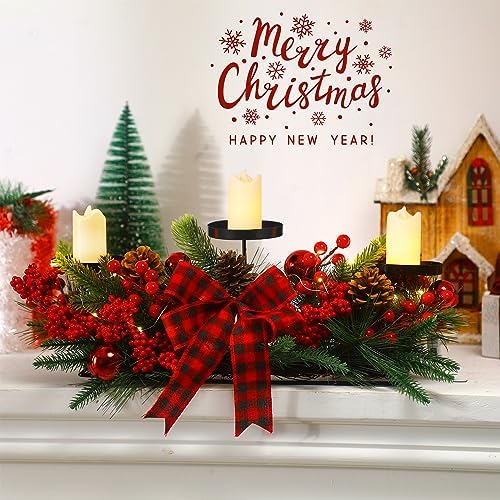 Christmas Centerpiece with 3 Candle Holders 3 LED Candles 1 String Lights Xmas Triple Candelabrum Poinsettia Red Buffalo Plaid Bow Berry Pine Cones with 3 Candle Holders for Tables Home Decorations - Image 2