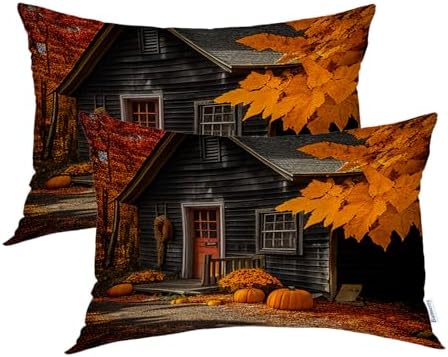Batmerry Autumn Maple Forest Pillowcases, Pumpkins Cabins Fallen Leaves Decorative Bed Pillow Cover with Hidden Zipper Soft Blended for Hair and Skin 20X26 in by Batmerry