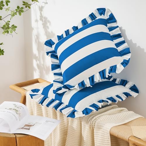 MONDAY MOOSE Decorative Throw Pillow Covers, Set of 2 Water-Resistant Striped Design with Ruffle Edge for Outdoor/Indoor Use, Pillow Inserts Not Included (22x22 inch, White/Blue) - Image 2