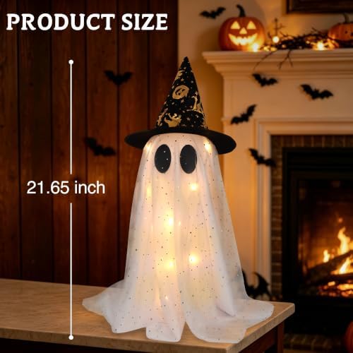 2 Pack Halloween Ghost Decorations, 21.7 Inch Lighted Halloween Decorations, Battery Operated Tabletop Ghost Decor with Witch Hats for Mantel Fireplace Table Entryway Indoor Office Party Home Decor - Image 2