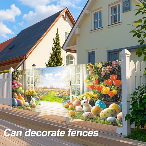 ANNA QUEEN Garden View Easter Garage Door Banner 7x16FT, Spring Flowers Easter Eggs Bunnies Garage Door Cover, Outdoor Decoration for Yard, Garage & Front Door - Image 5