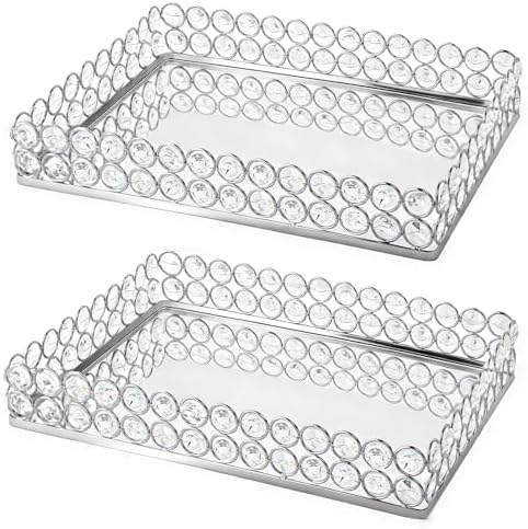 2 Pcs Silver Metal Crystal Mirror Tray - 11.2"x8.1" Table Centerpieces Tray, Multi-Functional Display for Flowers/Cupcakes/Jewelry, Vanity Organizer & Wedding Dessert Table Accent by kehail