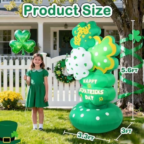 Halfjuly 5.6FT St Patricks Day Inflatables – Inflatable Shamrock Tower with Layered Four-Leaf Clover Design, Festive Lucky St. Patrick’s Day Decorations Outdoor, Magical Green Yard Display - Image 2