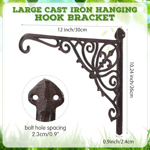 2 Pack Cast Iron Hanging Plant Bracket 12" Outdoor Wall Plant Hangers Hooks Heavy Duty Hanging Bracket Hooks Vintage Decorative Wall Hangers for Pots Bird Feeder Wind Chime (Brown,Classic) - Image 2