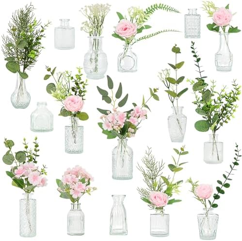 WARMALL Artificial Flowers with Vases, 16 Pcs Bud Vases, & 81 Pcs Artificial Plants DIY Set Suitable for Centerpieces Table Weddings Party Office and Indoor Decor Mini Small Glass Clear(White) by Unknown