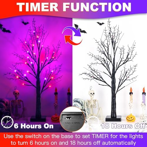 Halloween Indoor Decorations 2 Pack 24 Inch Black Halloween Tree with 24 Orange Purple Led Lights, Timer/USB/Battery Operated Lighted Spooky Tabletop Tree for Halloween Decor Home Table Holiday Party - Image 2