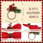 LemonRoad 36 Pcs Christmas Cloth Napkins and Napkin Ring Holders, Reusable Fabric with Pine Needle Red Fruit Napkin Rings for Xmas Table Decor, Banquet, Holiday Dinner Party, Wedding Party Supplies - Image 4
