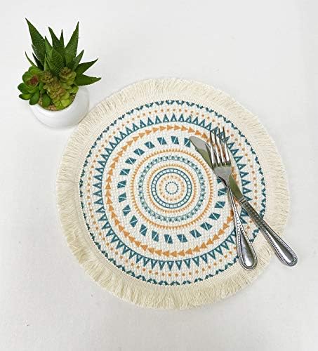 Fennco Styles Boho Geometric Fringe Decorative Cotton Placemats 13-inch Round, Set of 4 - Green Heat Resistant Insulation Table Mats for Home Decor, Dining Table, Banquets and Special Events - Image 4