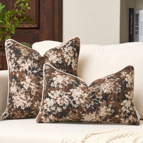 FANAMI Vintage Floral Throw Pillow Covers 20x20 Set of 2 Boho Farmhouse Accent Pillowcase Neutral Modern Chenille Square Decorative Cushion Covers for Couch Sofa Bed Living Room Home Decor, Brown - Image 4