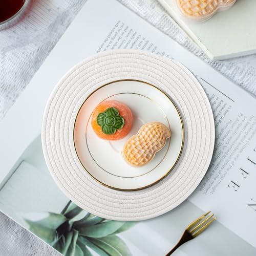 Round Woven Placemats Set of 8 with Holder Heat Resistant Placemats 13.5 Inches Farmhouse Cotton Rope Place Mats for Dining Tables Trivets for Hot Dishes, White - Image 7