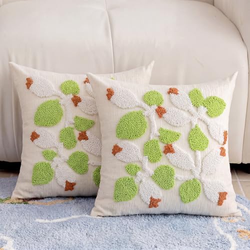 Summer Floral Throw Pillow Covers 20x20 Inch Set of 2, Chenille Embroidered Pillowcase with 3D Tufted White Flowers and Green Leaves, Boho Decorative Cushion Covers for Couch Sofa Bed by CITYJUN
